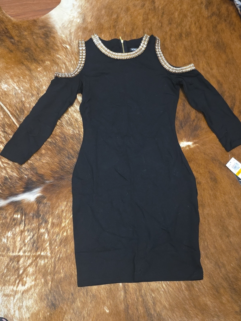 XOXO Black Cold-Shoulder Mini Dress with Gold Beaded Trim